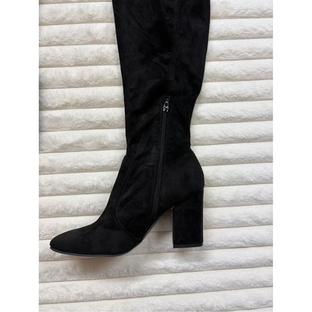 Black Faux Suede Thigh High Boots Block Heel Stretch Fit Size 8 Over The Knee